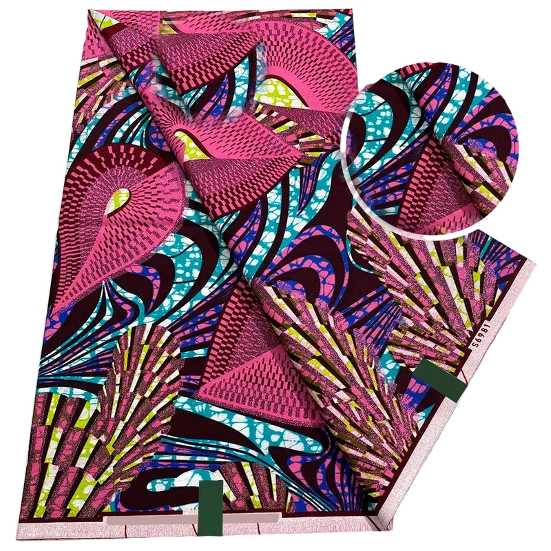 Magenta Fan Ankara Flash Gold Wax Print Fabric – Pink Peacock Fans with Lime Accents, 6 Yards