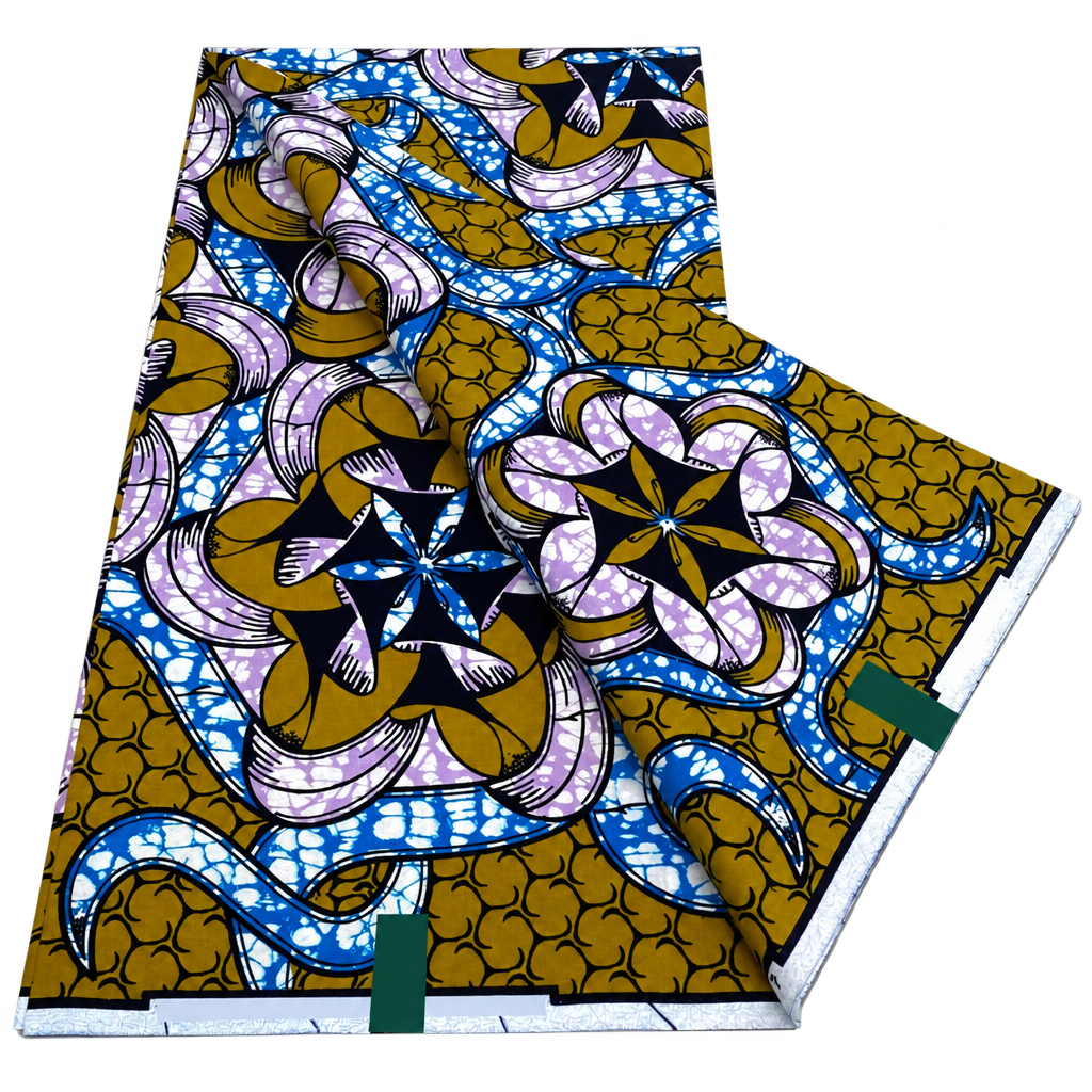 Mustard and Lilac Kaleidoscope Ankara real wax print fabric with blue accents, 6 yards