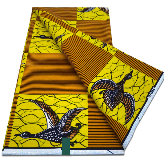 Mustard Gold Ankara Wax Print Fabric – Black Crane Motif, 6 Yards