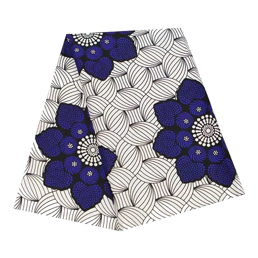 Navy Floral Ankara-Style Polyester Fabric – Blue Flowers on White Woven Pattern, 3 or 6 Yards