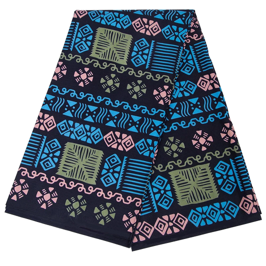 Navy Tribal Ankara-Style Polyester Fabric – Blue, Pink & Olive Geometric Blocks, 3 or 6 Yards