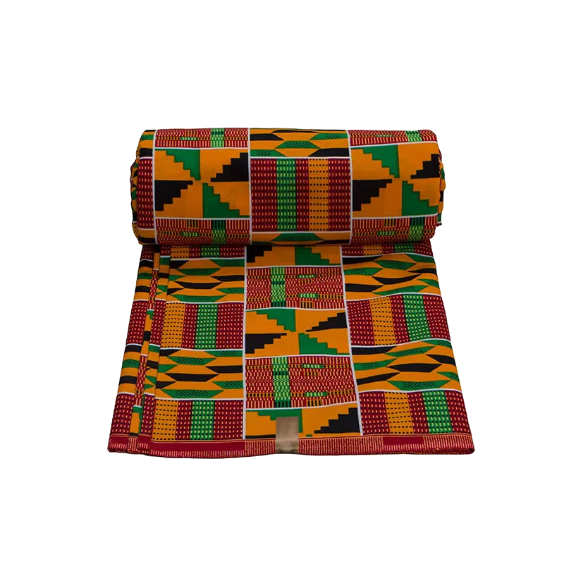 Orange, green, red and black Kente-pattern Ankara wax print fabric, rolled