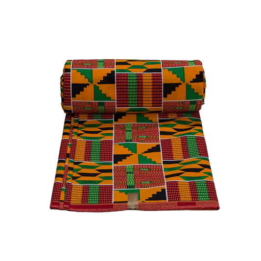 Orange, green, red and black Kente-pattern Ankara wax print fabric, rolled