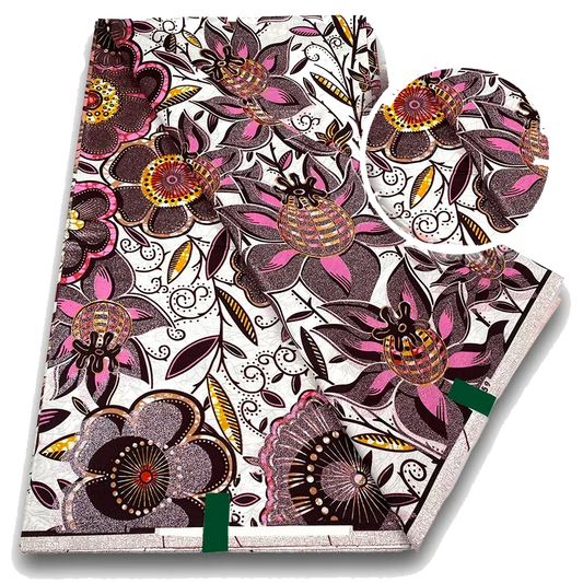 Plum Blossom Ankara Flash Gold Wax Print Fabric – Pink and Brown Florals on White, 6 Yards
