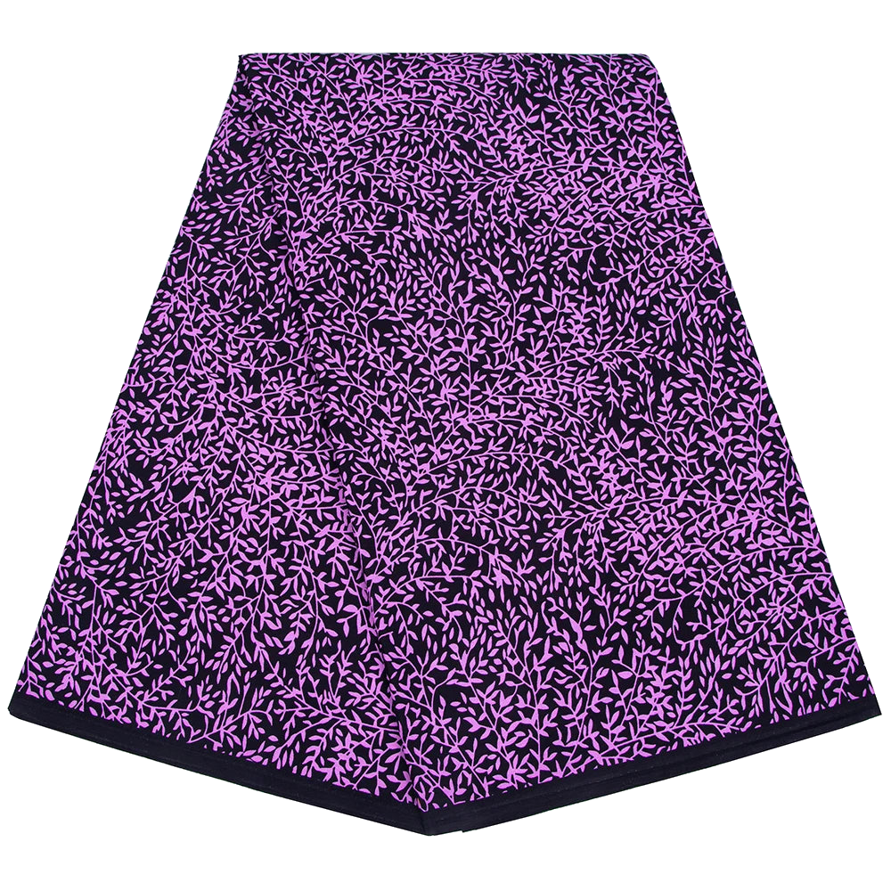 Black Ankara wax print fabric with small lilac-purple leaf pattern