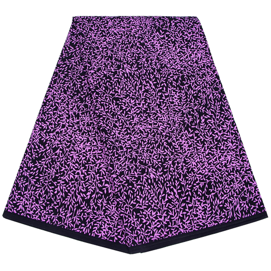 Black Ankara wax print fabric with small lilac-purple leaf pattern