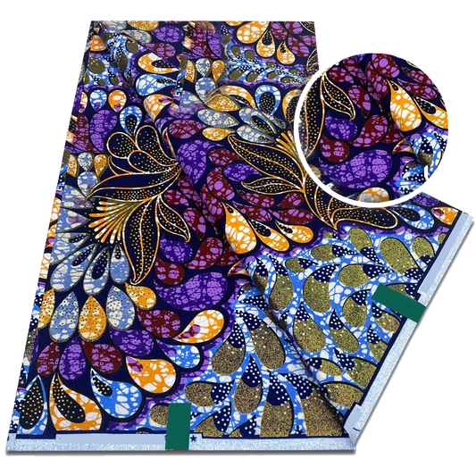 Purple Peacock Ankara Flash Gold Wax Print Fabric – Gold Feather Burst on Violet, 6 Yards