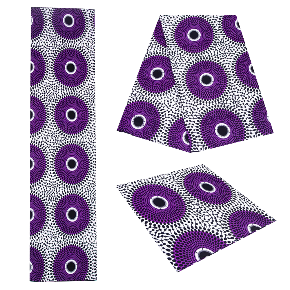 White Ankara wax print fabric with purple circle medallions, three pieces