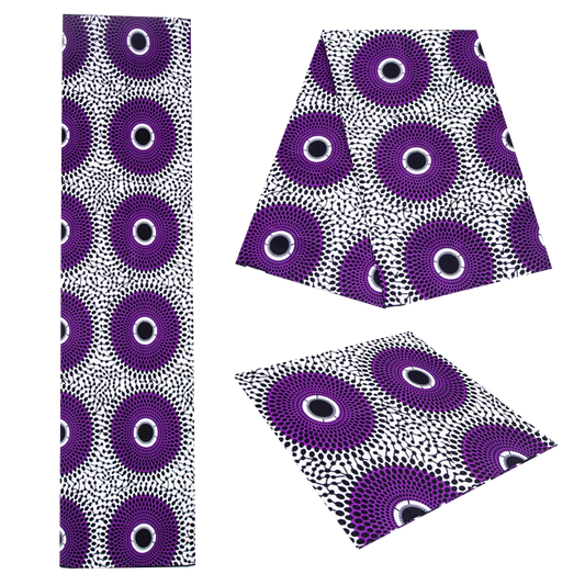 White Ankara wax print fabric with purple circle medallions, three pieces