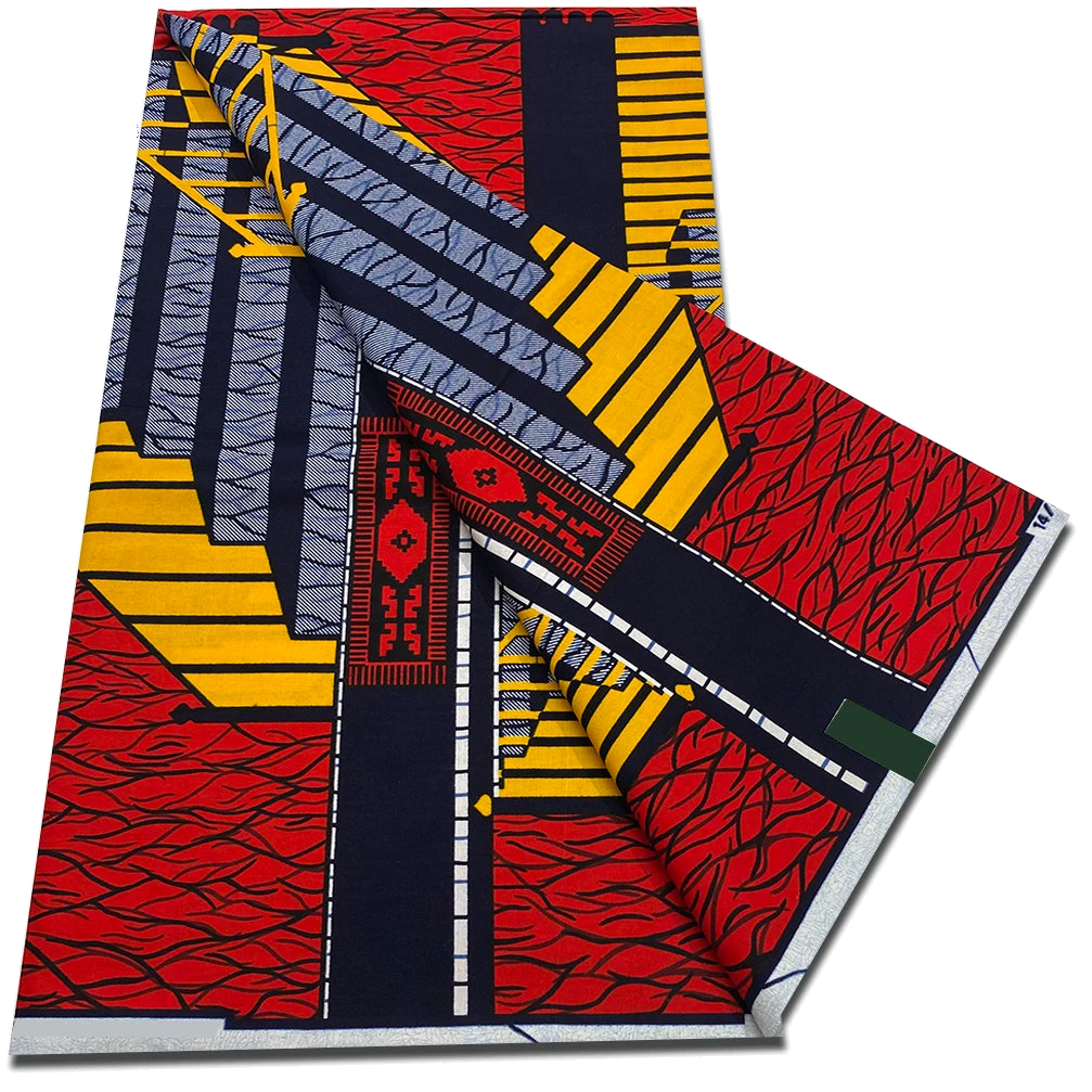 Red and navy geometric panel Ankara real wax print fabric