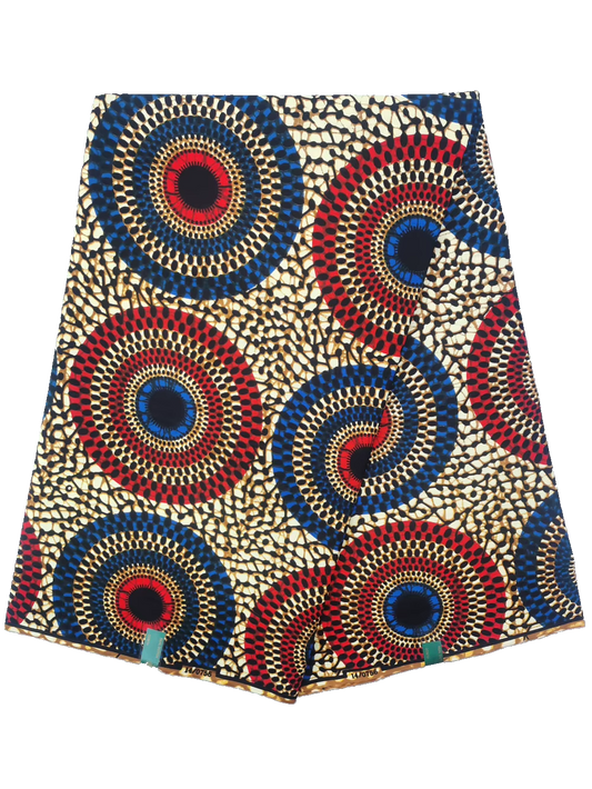 Cream Ankara real wax print with large red and navy spiral circles, 100% cotton, 6 yards