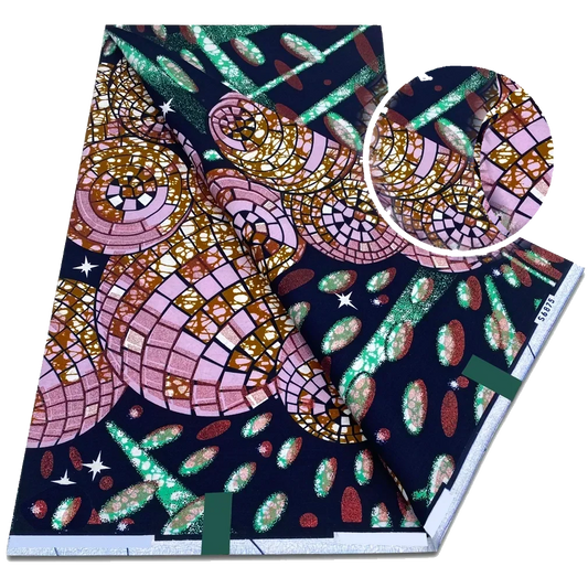 Rose Mosaic Ankara Flash Gold Wax Print Fabric – Pink Stained-Glass Bloom on Navy, 6 Yards