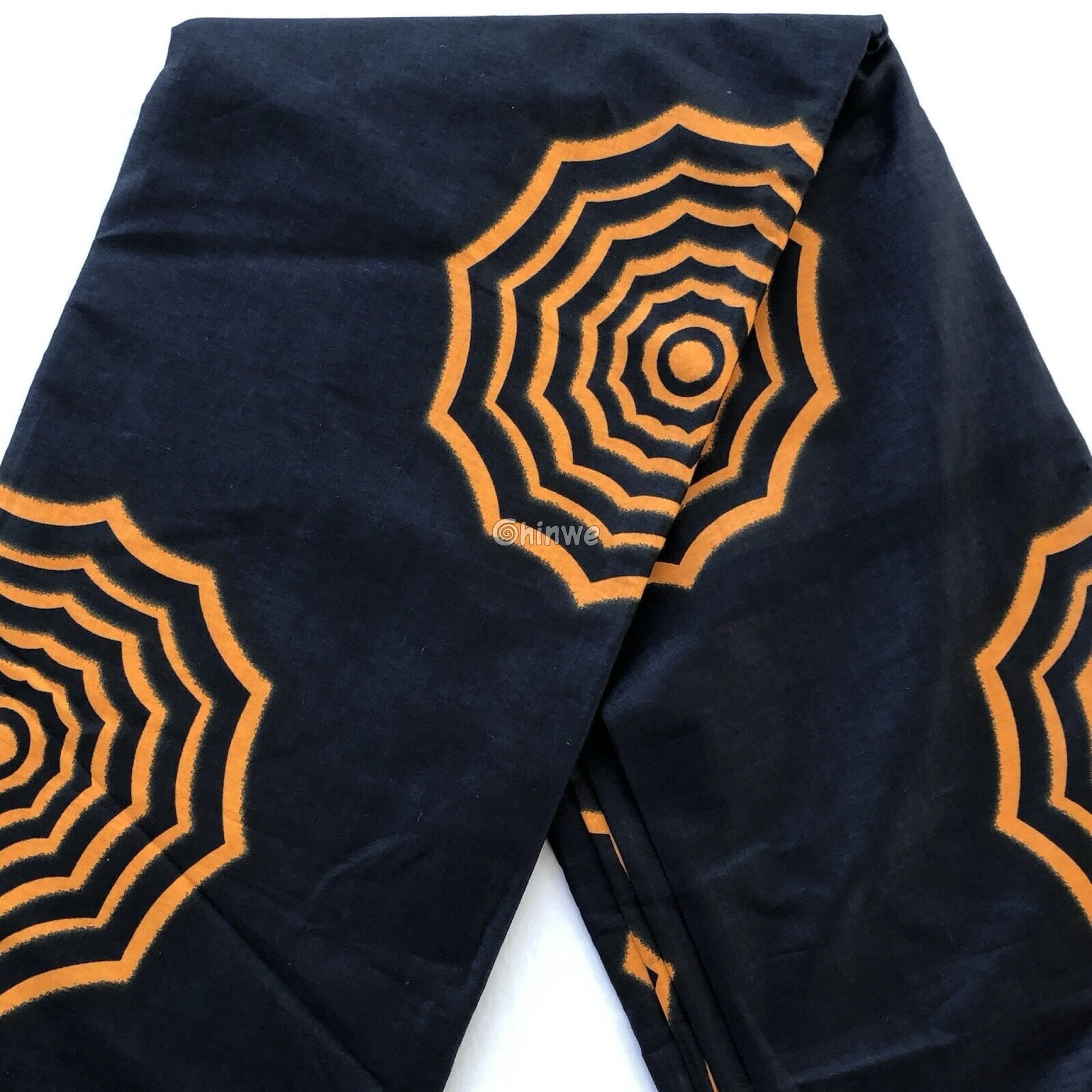Bold Navy Blue and Orange Ankara Fabric – Striking Geometric Spiral Web Design Wax Print 6 Yards African Wax Print
