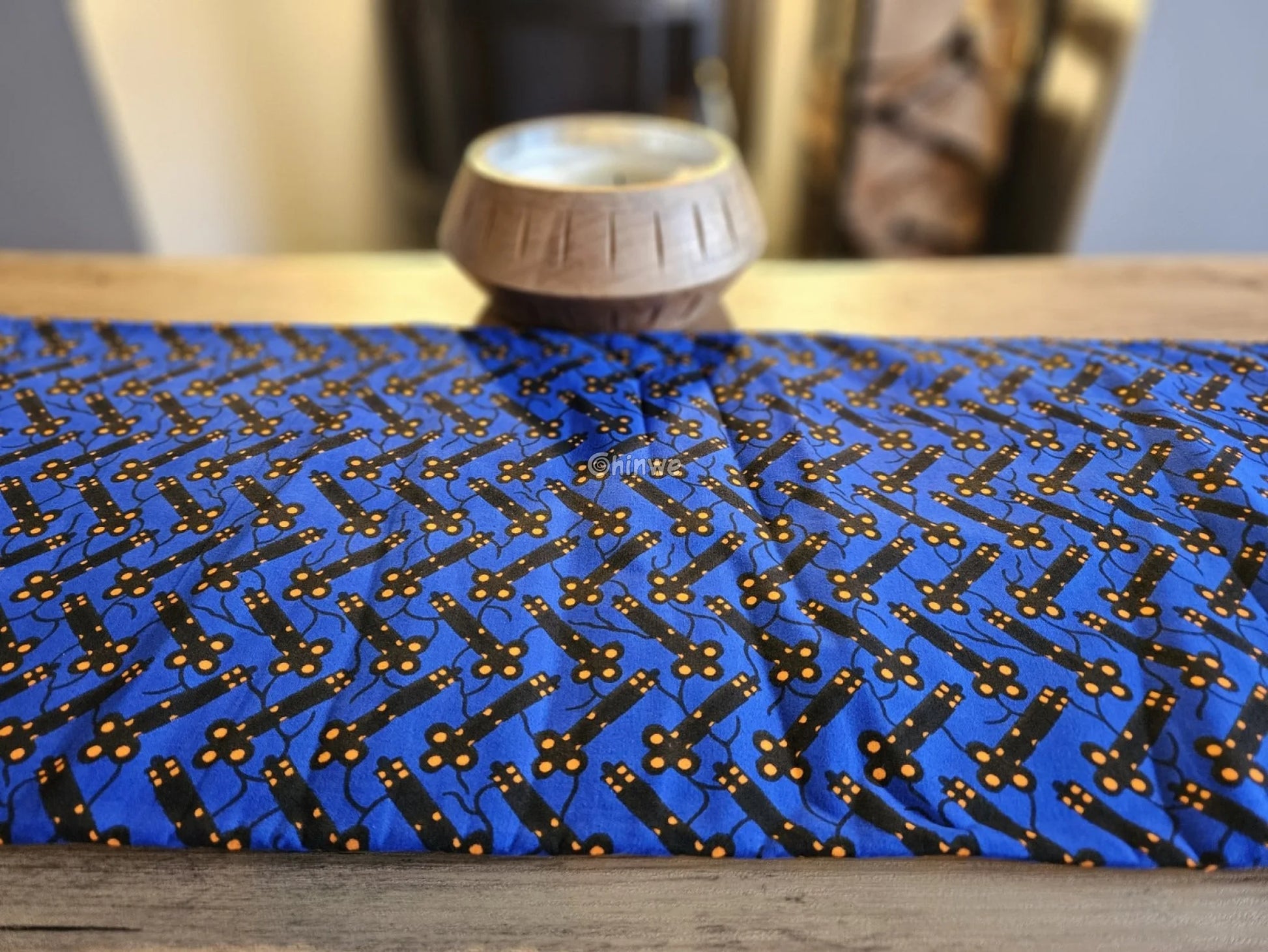 Cobalt Blue & Black Bar and Orange Dot Ankara Wax Print Fabric 6 yards cotton