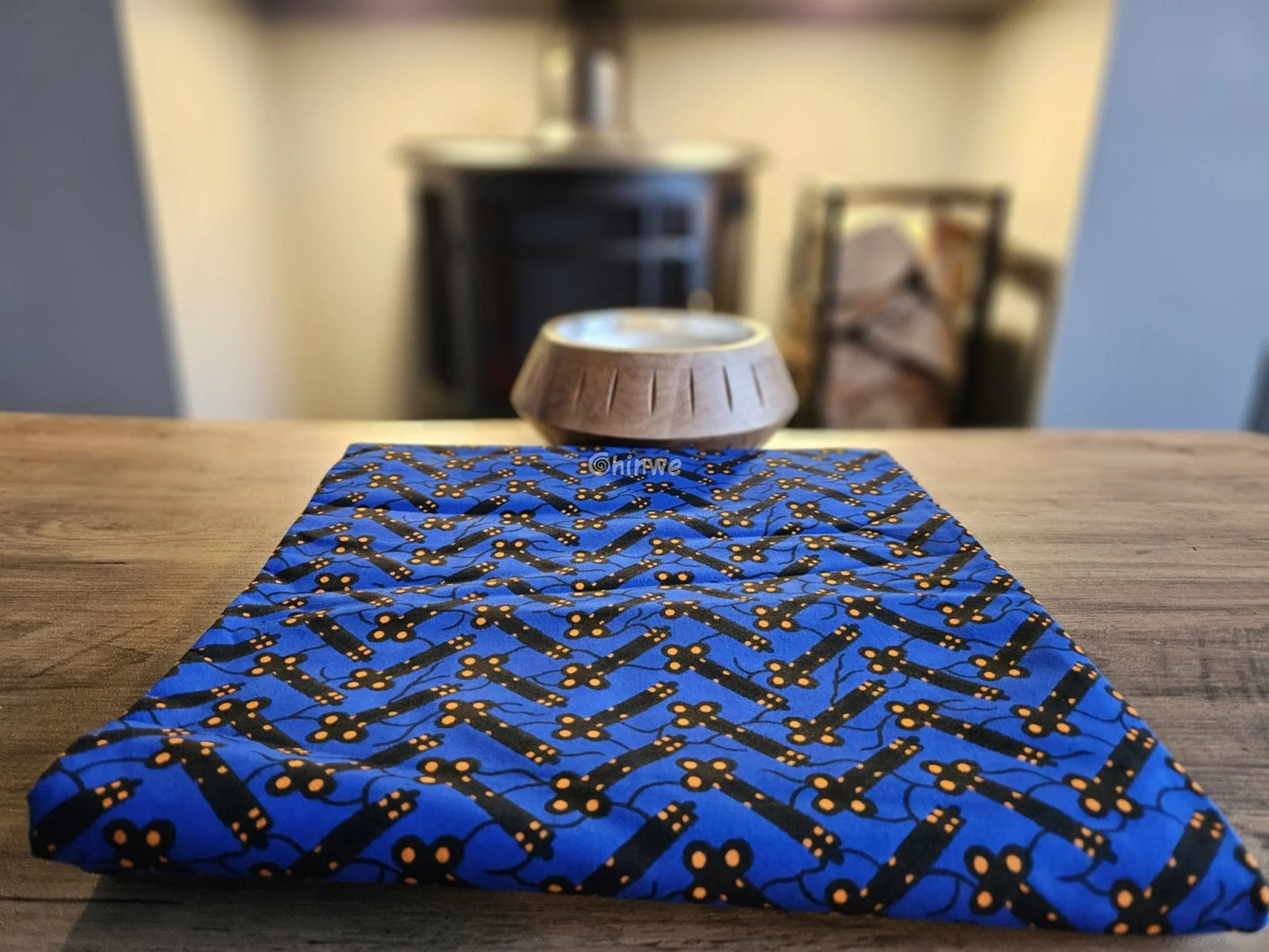 Cobalt Blue & Black Bar and Orange Dot Ankara Wax Print Fabric 6 yards cotton