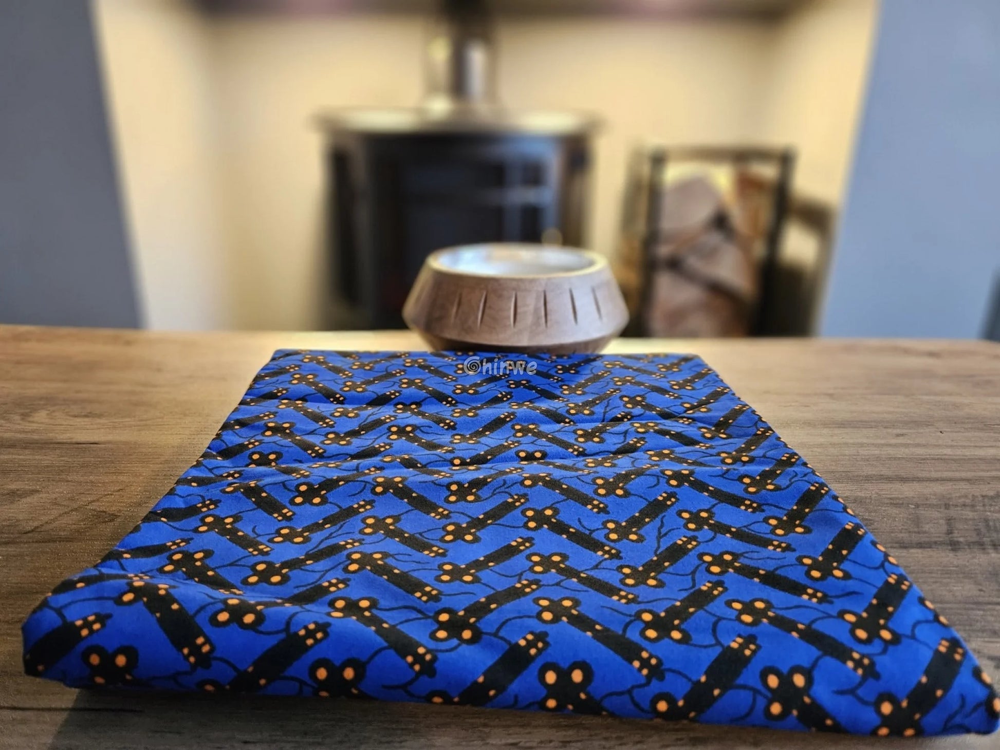 Cobalt Blue & Black Bar and Orange Dot Ankara Wax Print Fabric 6 yards cotton