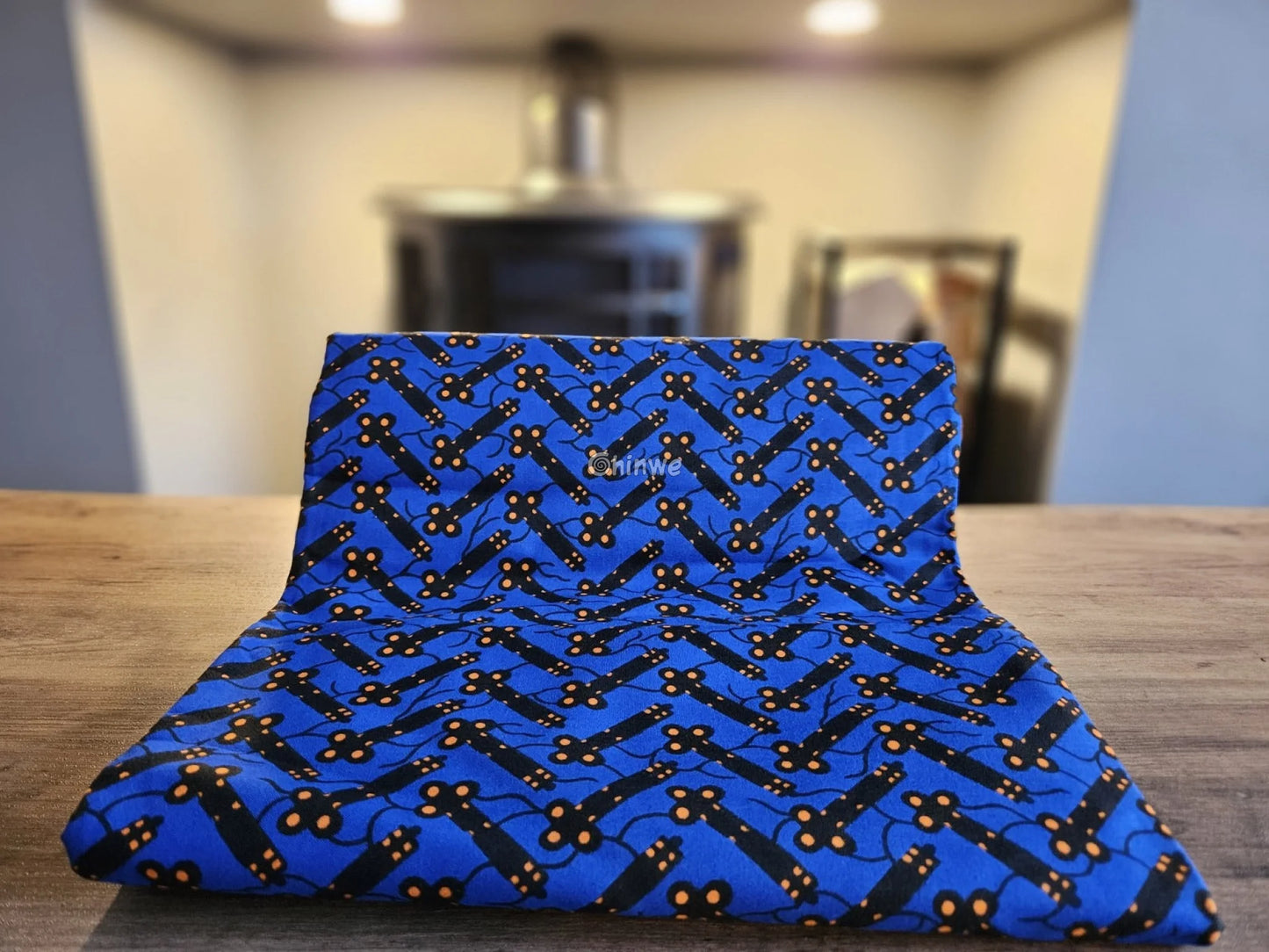 Cobalt Blue & Black Bar and Orange Dot Ankara Wax Print Fabric 6 yards cotton