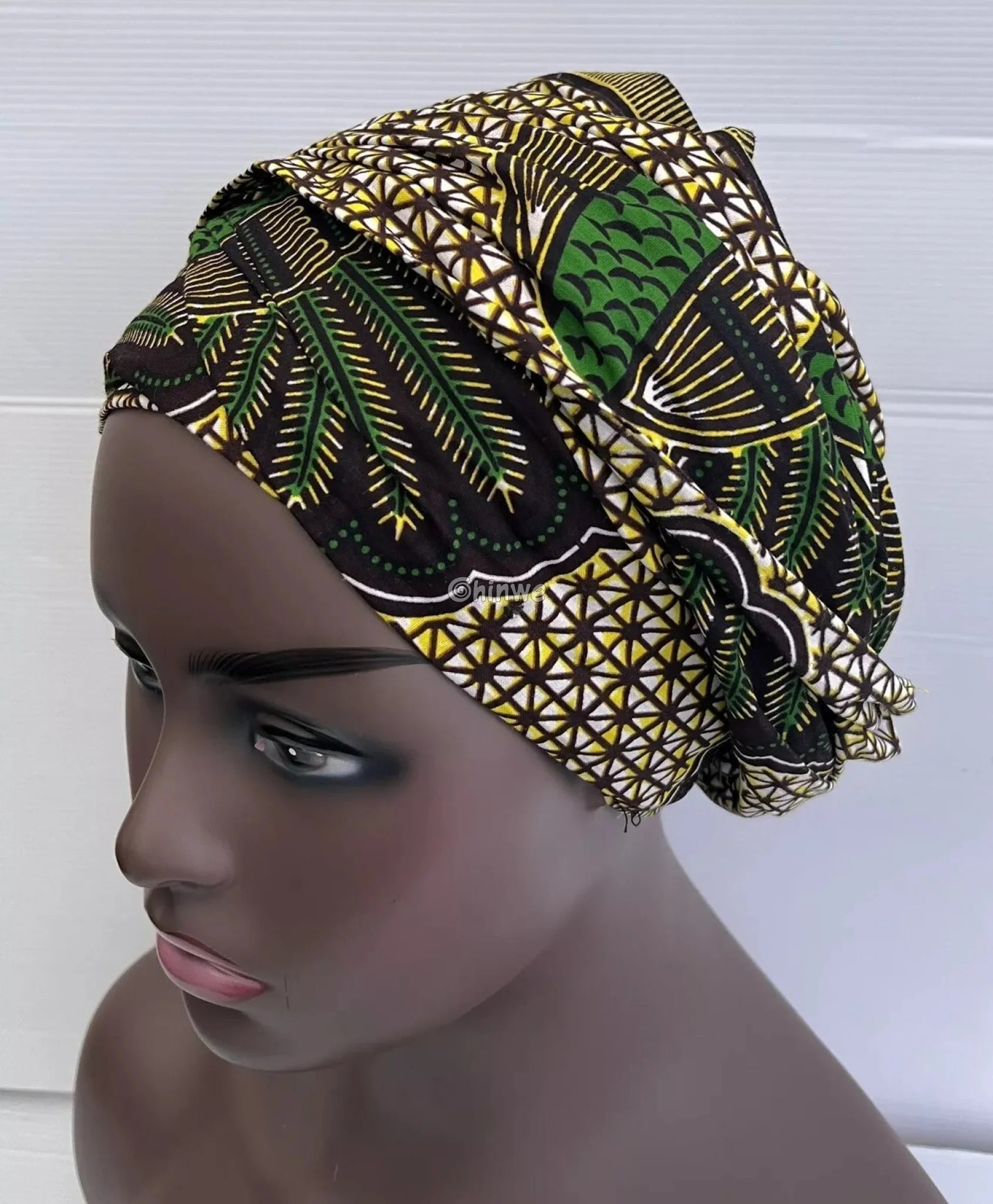 Green and Gold Shell Motif Fabric – Vibrant Ankara Wax Print with Geometric Background 6 Yards African Wax Print Fabric