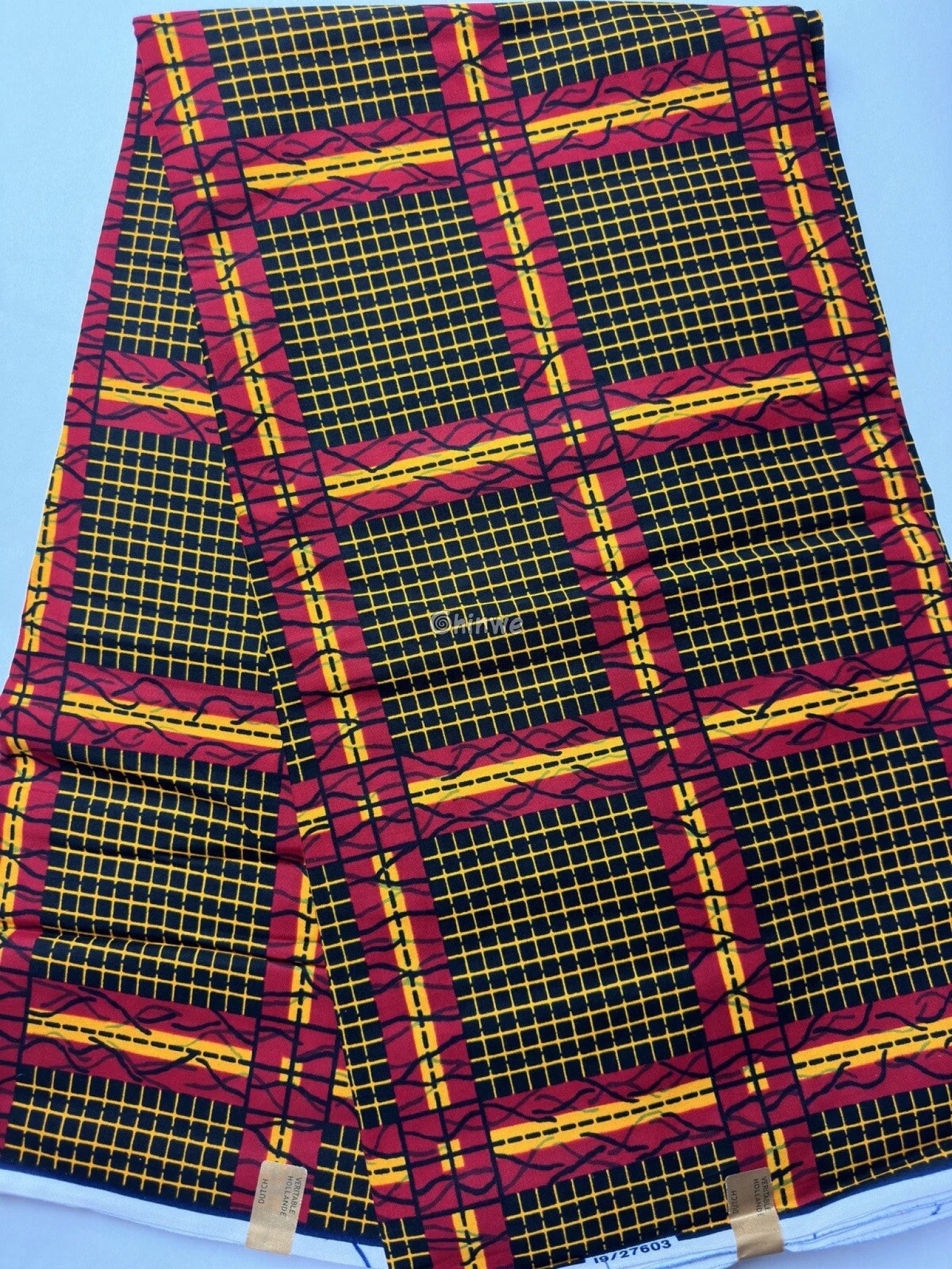 Sunburst Grid Ankara Fabric – Fiery Red & Gold Lattice on Noir 6 yards cotton
