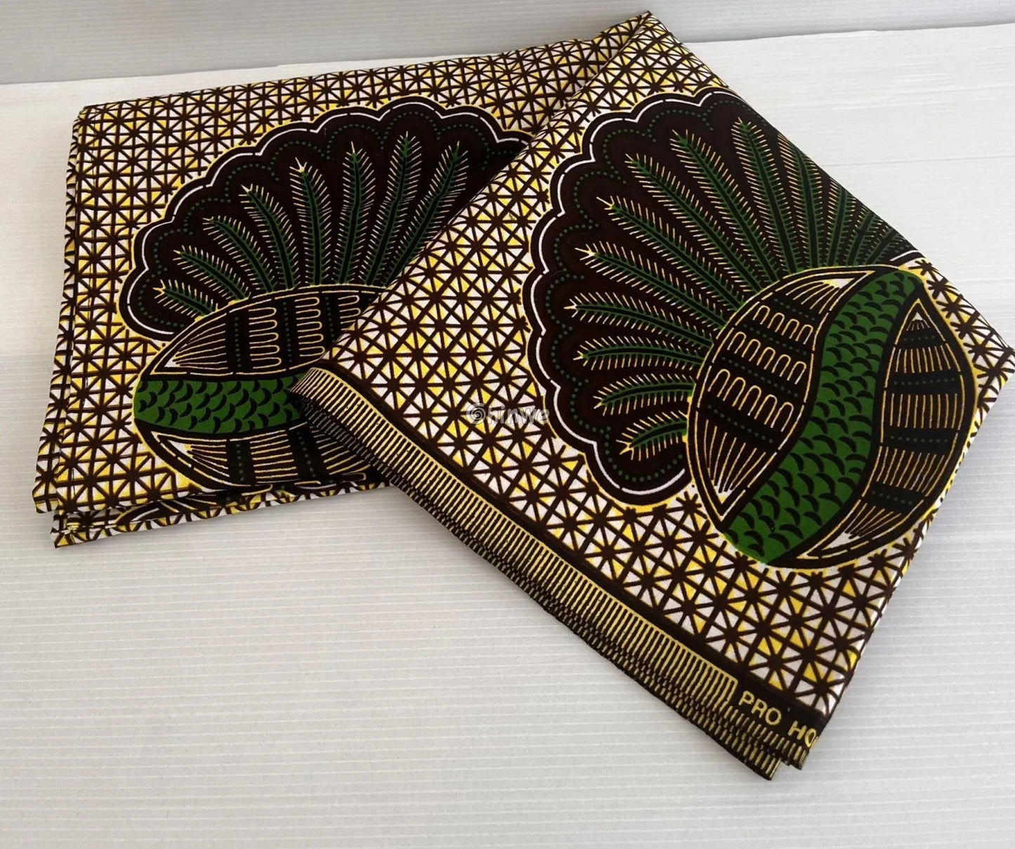 Green and Gold Shell Motif Fabric – Vibrant Ankara Wax Print with Geometric Background 6 Yards African Wax Print Fabric