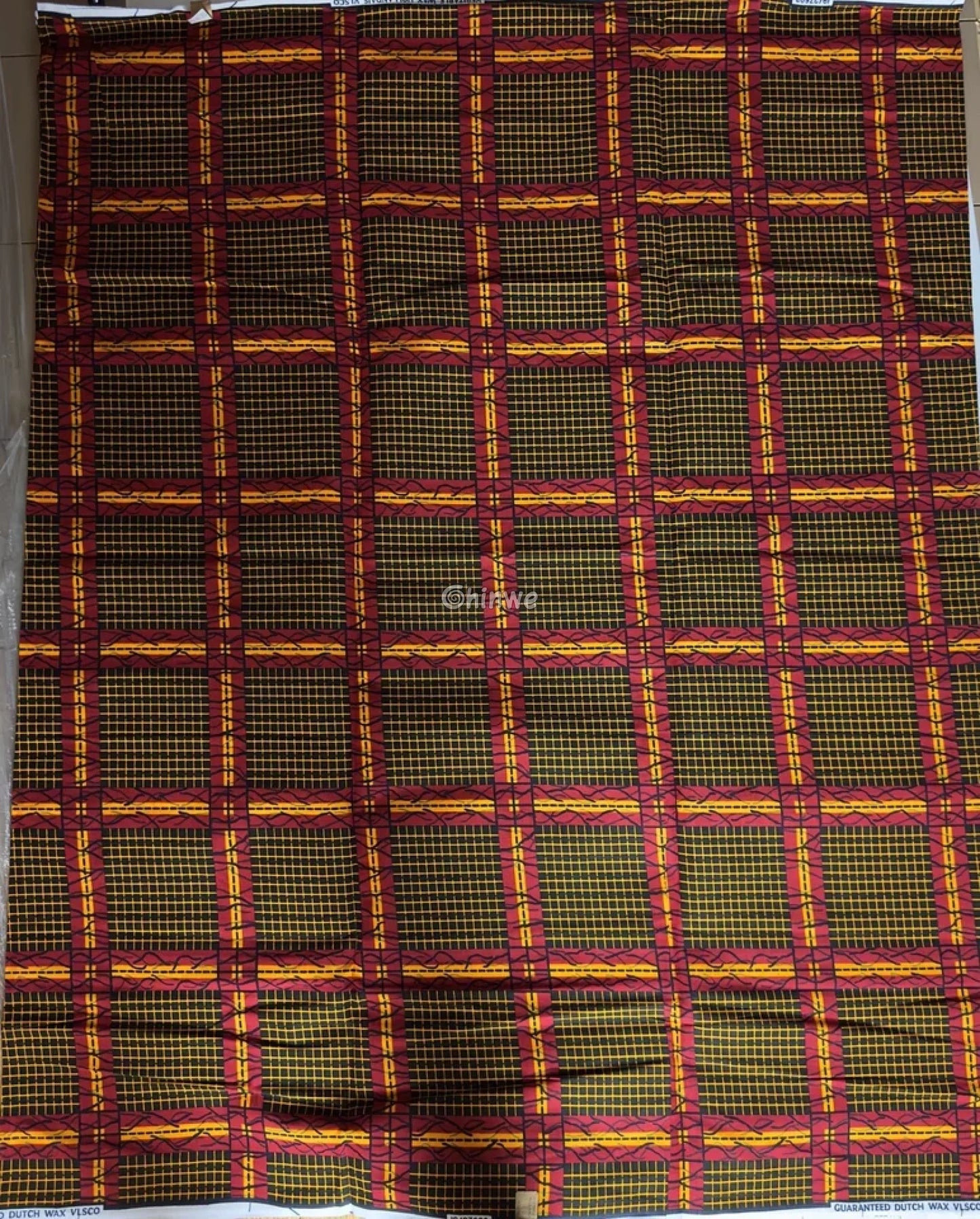 Sunburst Grid Ankara Fabric – Fiery Red & Gold Lattice on Noir 6 yards cotton