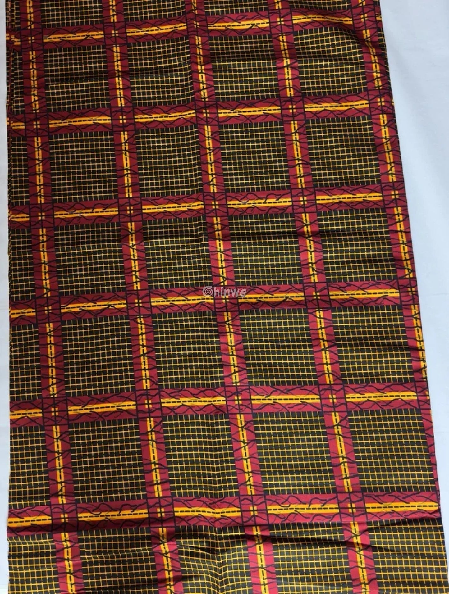 Sunburst Grid Ankara Fabric – Fiery Red & Gold Lattice on Noir 6 yards cotton
