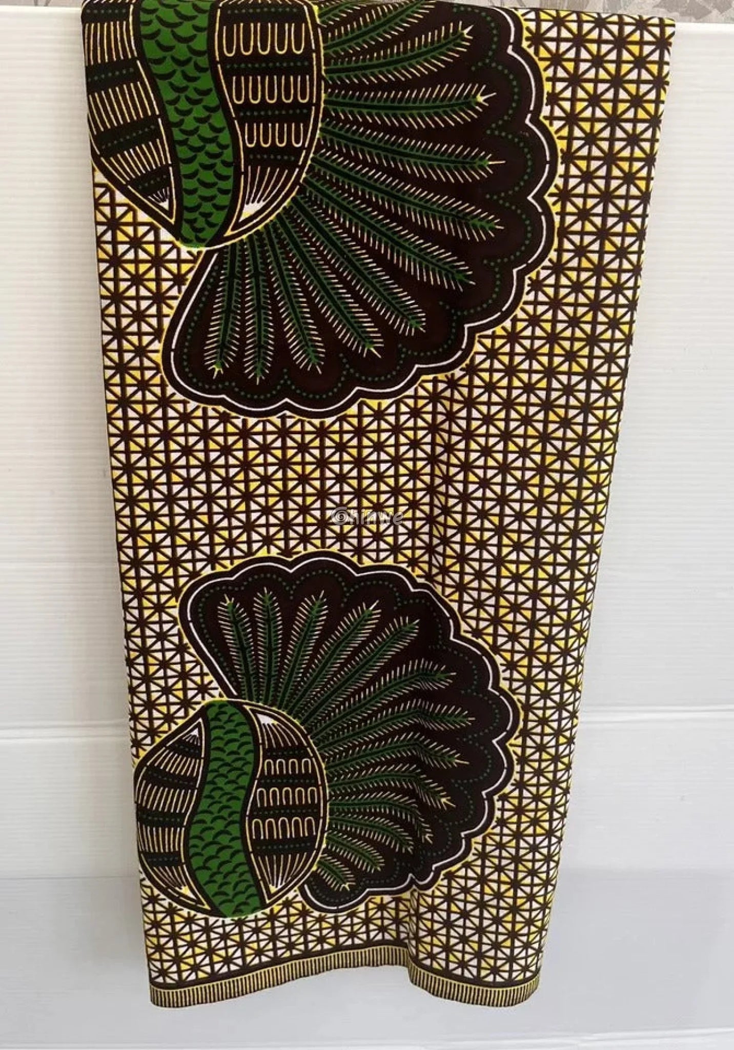 Green and Gold Shell Motif Fabric – Vibrant Ankara Wax Print with Geometric Background 6 Yards African Wax Print Fabric