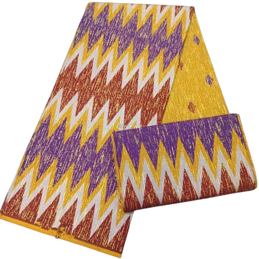 Sunfire Zigzag Kente Brocade Fabric in Yellow Purple & Red with Gold Metallic Threading Sunfire Zigzag Kente / 6yards