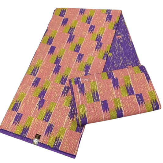 Peach Purple & Green Kente Brocade with Staggered Block Motif and Subtle Metallic Texture Orchid Glow Kente / 6yards