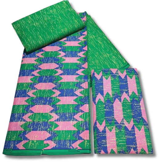 Candy Arrow African Brocade Fabric – Pink Green & Navy Geometric Metallic Jacquard Candy Arrow / 6yards African Wax