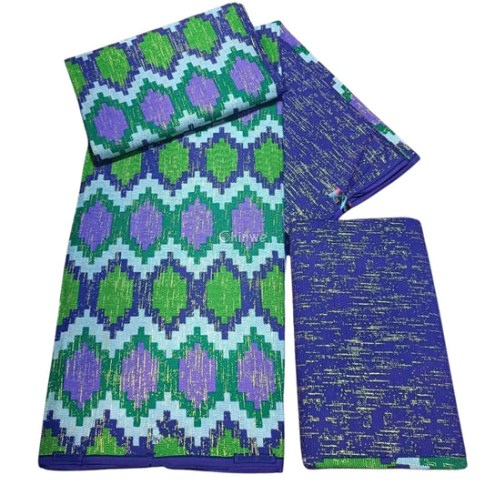 Purple Green & Lilac Kente Brocade with Diamond Lattice Motif and Metallic Gold Accents Regal Vine Kente / 6yards