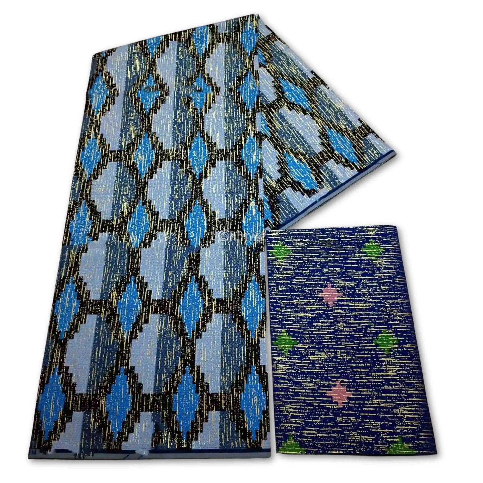 Icy Lagoon Metallic Brocade Fabric – Blue Silver & Black Diamond Kente Pattern Icy Lagoon / 6yards African Wax Print
