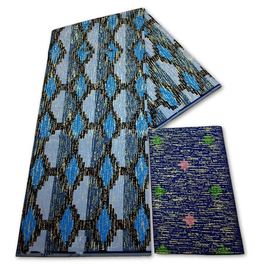 Icy Lagoon Metallic Brocade Fabric – Blue Silver & Black Diamond Kente Pattern Icy Lagoon / 6yards African Wax Print