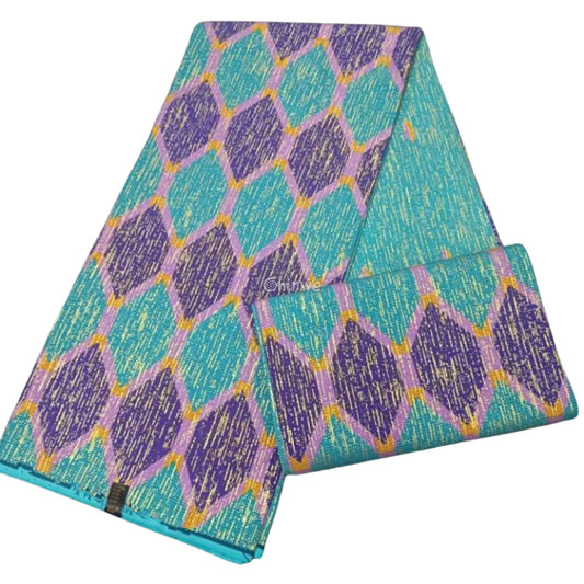 Turquoise Purple & Gold Kente Brocade with Diamond Link Motif and Iridescent Metallic Finish Amethyst Aqua Kente