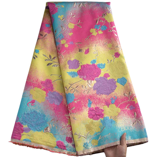 Floral Metallic Brocade Jacquard Fabric – Multicolor Ombre Shine with Embroidered Flowers Candy Mix Floral Brocade Lace