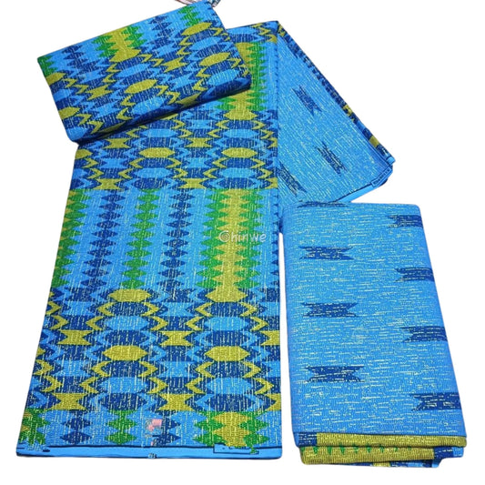 Electric Nile Brocade Fabric – Blue Green & Yellow Metallic Jacquard – African 6 Yards Electric Nile / 6yards African