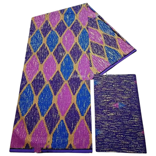 Purple Blue & Pink Kente Brocade with Elongated Diamond Motif and Metallic Gold Accents Sapphire Bloom Kente / 6yards