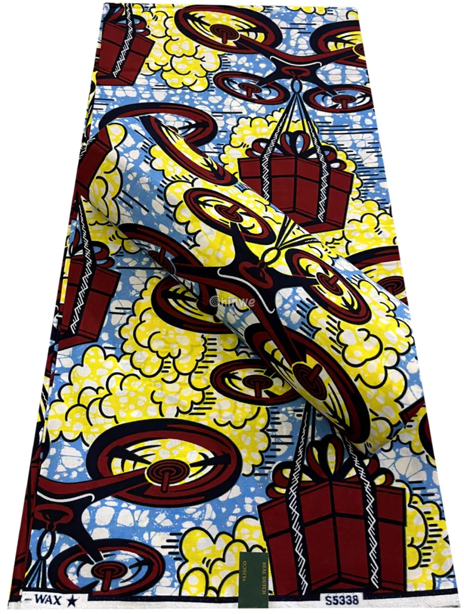 Crimson Drone & Parcel Motif on Sky Blue with Yellow Cloud Bursts and White Crackle Batik Detailing Sky Blue Delivery