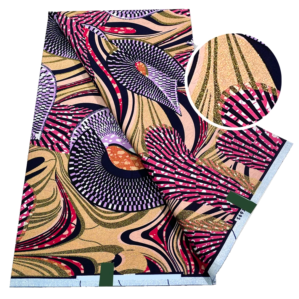 Tan and Magenta Peacock Fan flash gold wax print fabric, 6 yards