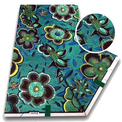 Teal Garden Ankara Flash Gold Wax Print Fabric – Big Blooms on Deep Teal, 6 Yards