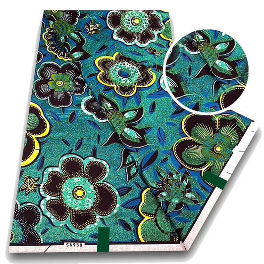 Teal Garden Ankara Flash Gold Wax Print Fabric – Big Blooms on Deep Teal, 6 Yards