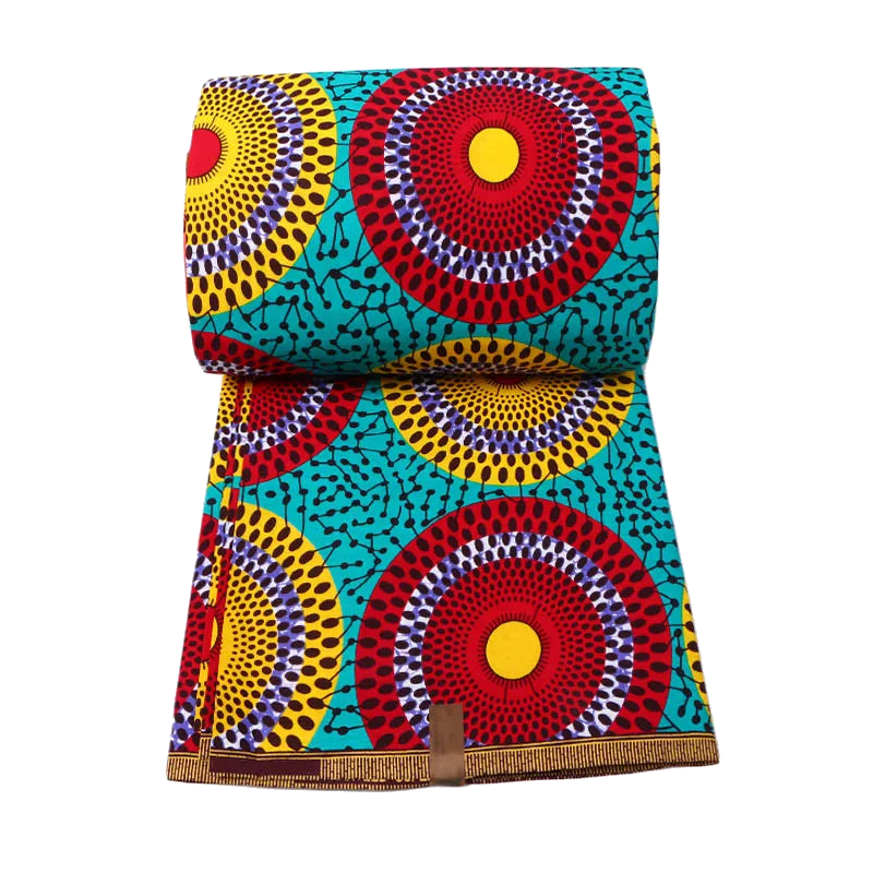 Teal Ankara wax print fabric with red, yellow and purple sunburst circles, rolled