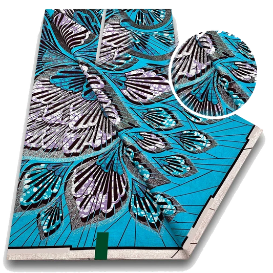 Turquoise Feather Ankara Flash Gold Wax Print Fabric – Lilac and Silver Leaves, 6 Yards