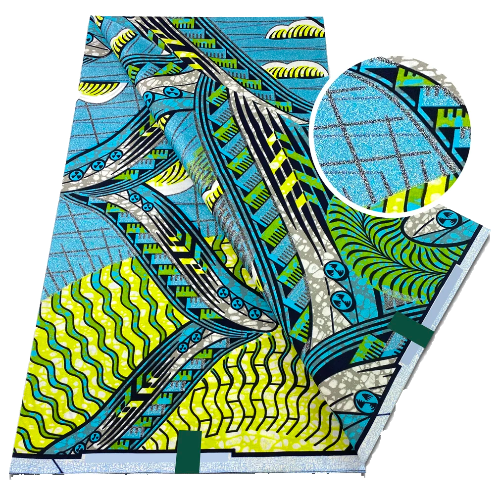 Turquoise and Lime Zigzag flash gold wax print fabric, 6 yards