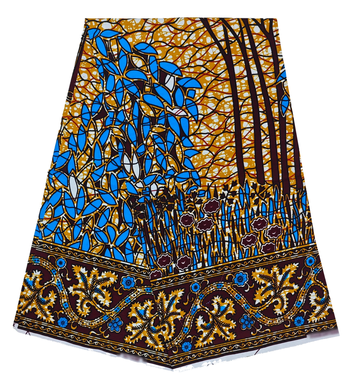 Ankara wax print with blue leaves, trees and floral border