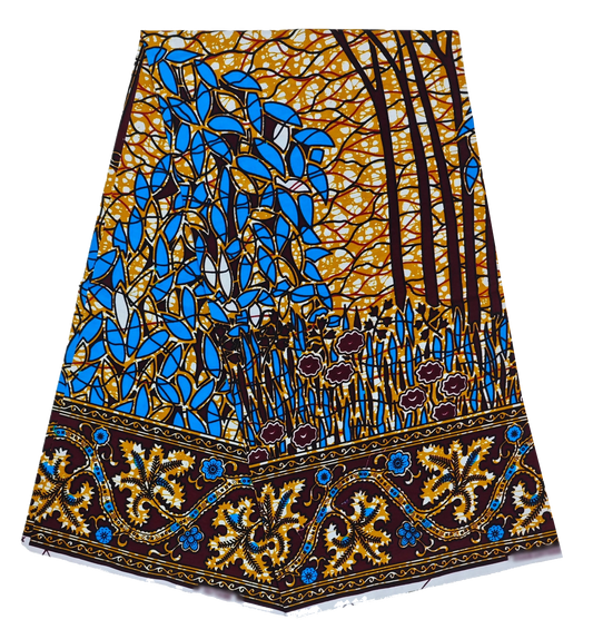 Ankara wax print with blue leaves, trees and floral border