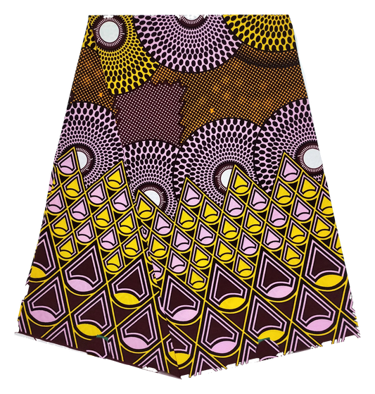 Lilac & Gold Ankara Wax Print Fabric – Sunburst Circles & Triangle Border, 100% Cotton