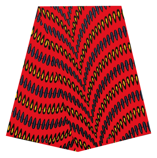 Red Feather Wave Ankara Wax Print Fabric – Navy & Yellow, 100% Cotton