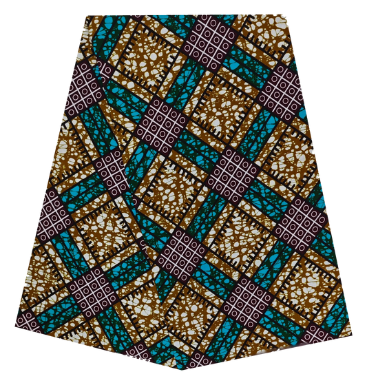 Brown & Teal Lattice Ankara Wax Print Fabric – Plum Grid Squares, 100% Cotton