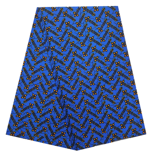Royal Blue Ankara Wax Print Fabric – Orange Bead Chevron, 100% Cotton